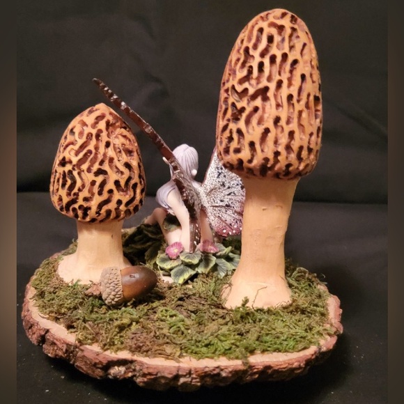 Whimsical Morel Mushroom & Fairy Wood Burned Sculpture - Picture 2 of 2